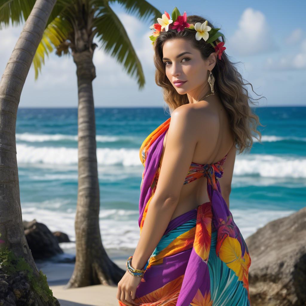 A stunning image of tropical goddess in a colorful sarong by the ocean.