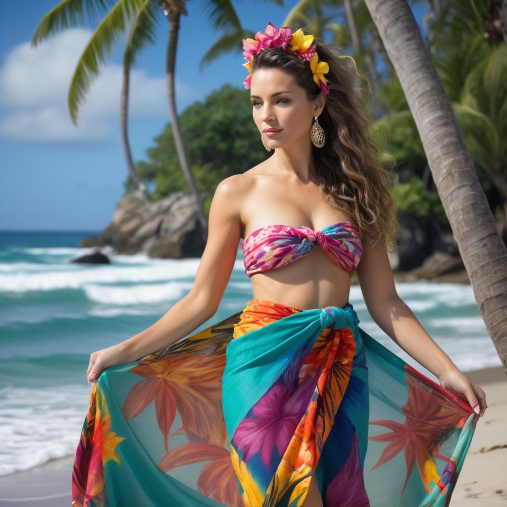 A stunning image of tropical goddess in a colorful sarong by the ocean.