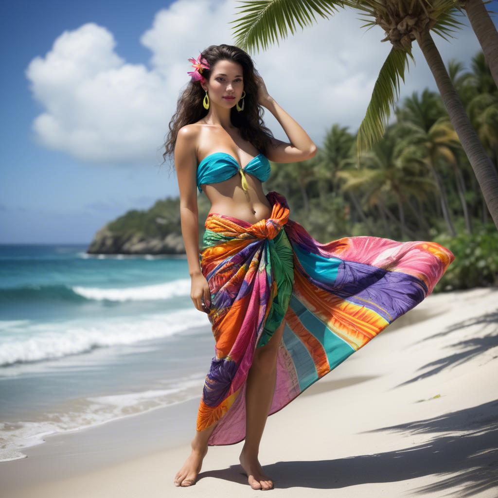 A stunning image of tropical goddess in a colorful sarong by the ocean.