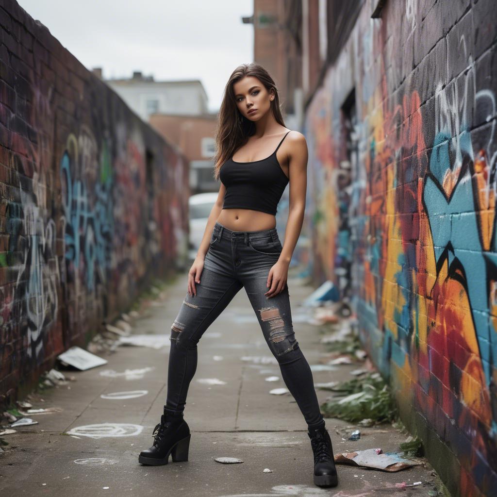 A stunning image of urban model posing on a graffiti-covered street.