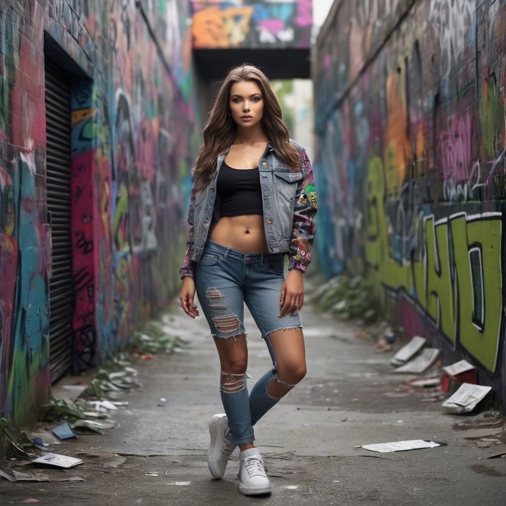 A stunning image of urban model posing on a graffiti-covered street.