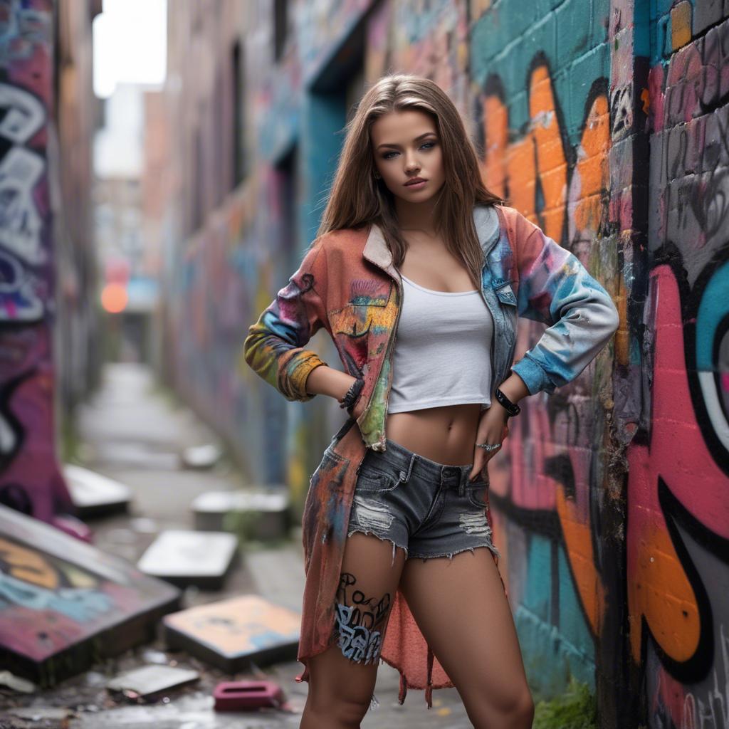 A stunning image of urban model posing on a graffiti-covered street.