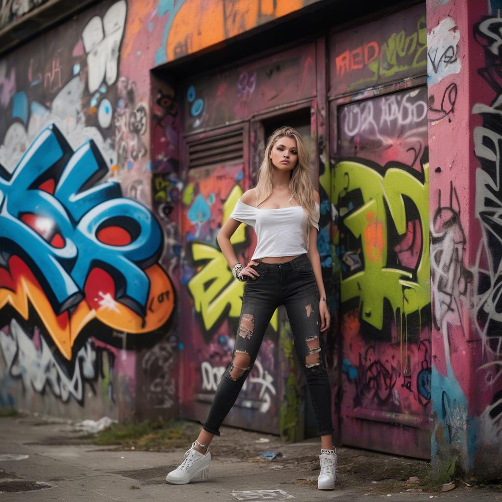A stunning image of urban model posing on a graffiti-covered street.