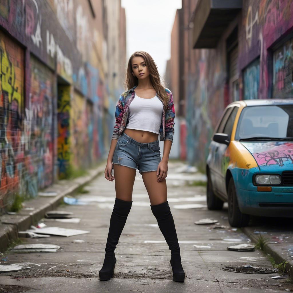 A stunning image of urban model posing on a graffiti-covered street.