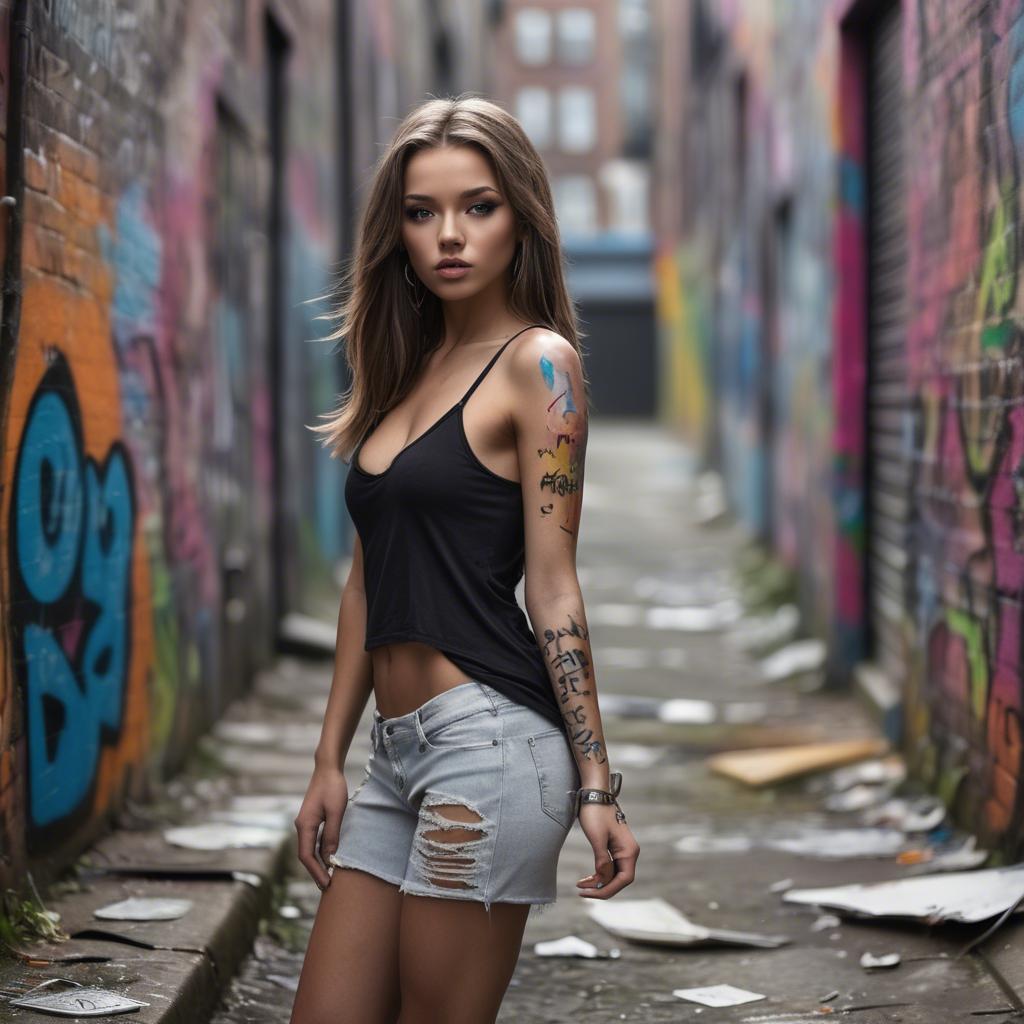 A stunning image of urban model posing on a graffiti-covered street.