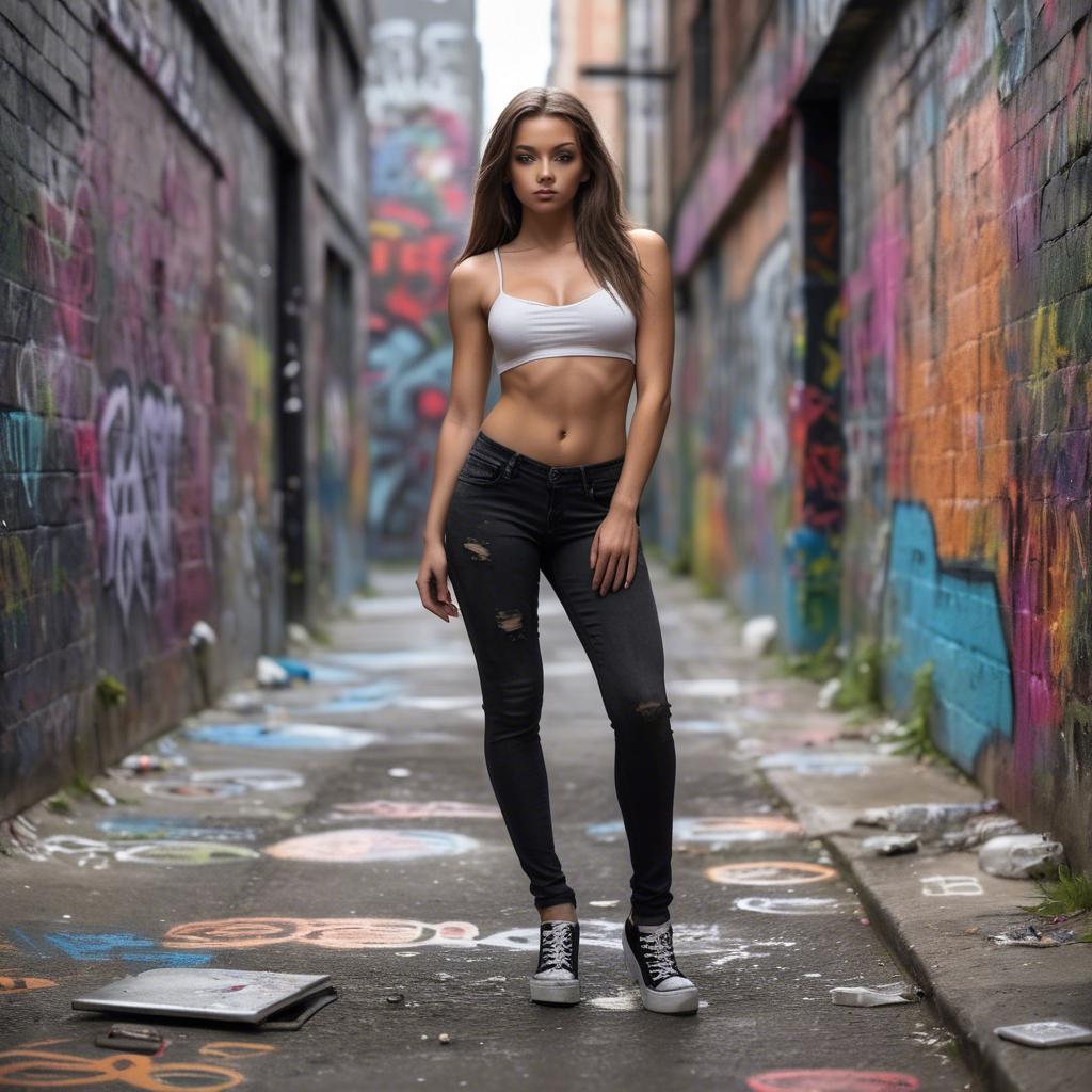 A stunning image of urban model posing on a graffiti-covered street.
