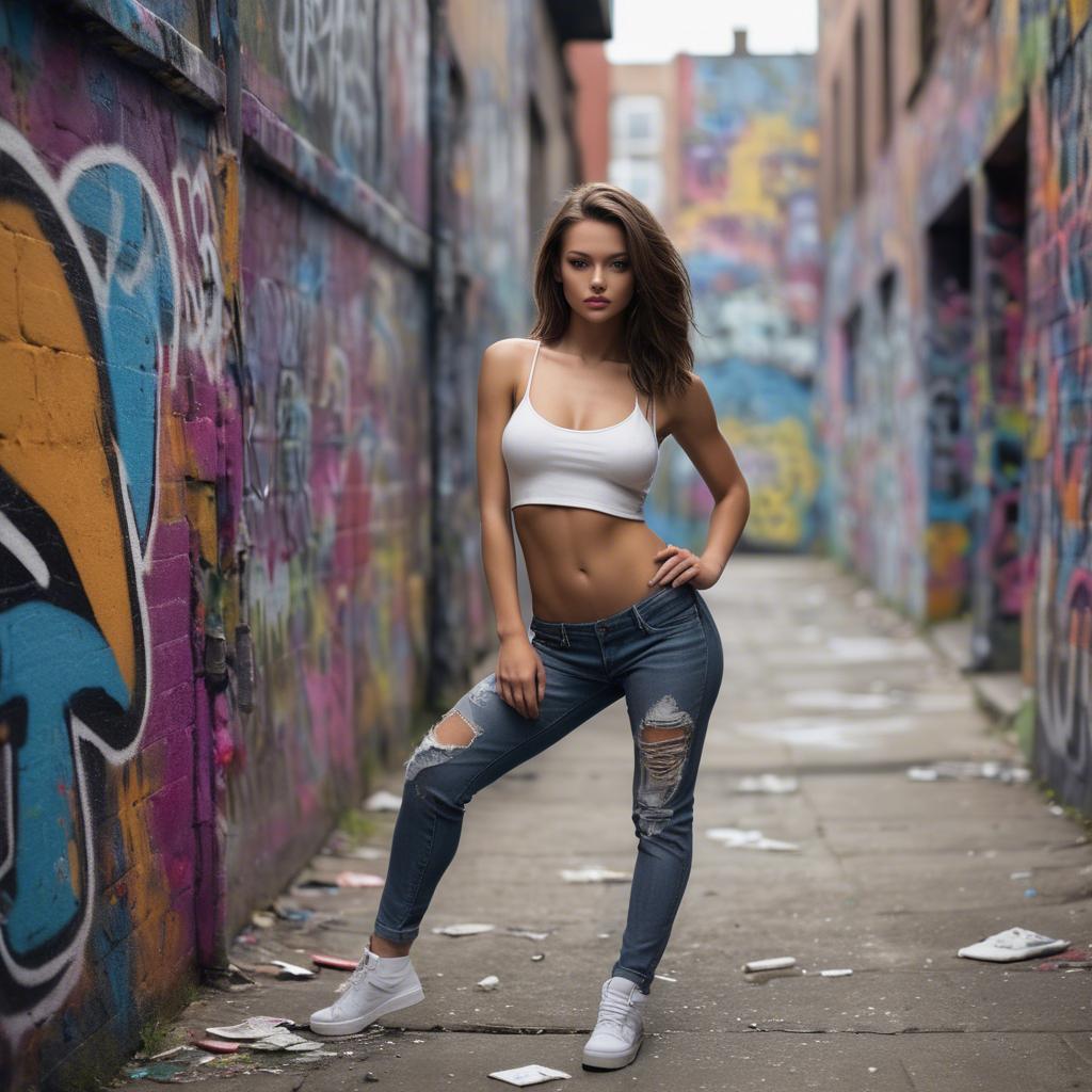 A stunning image of urban model posing on a graffiti-covered street.