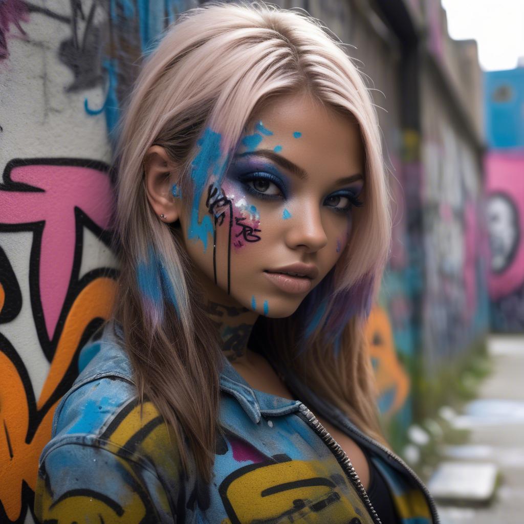 A stunning image of urban model posing on a graffiti-covered street.