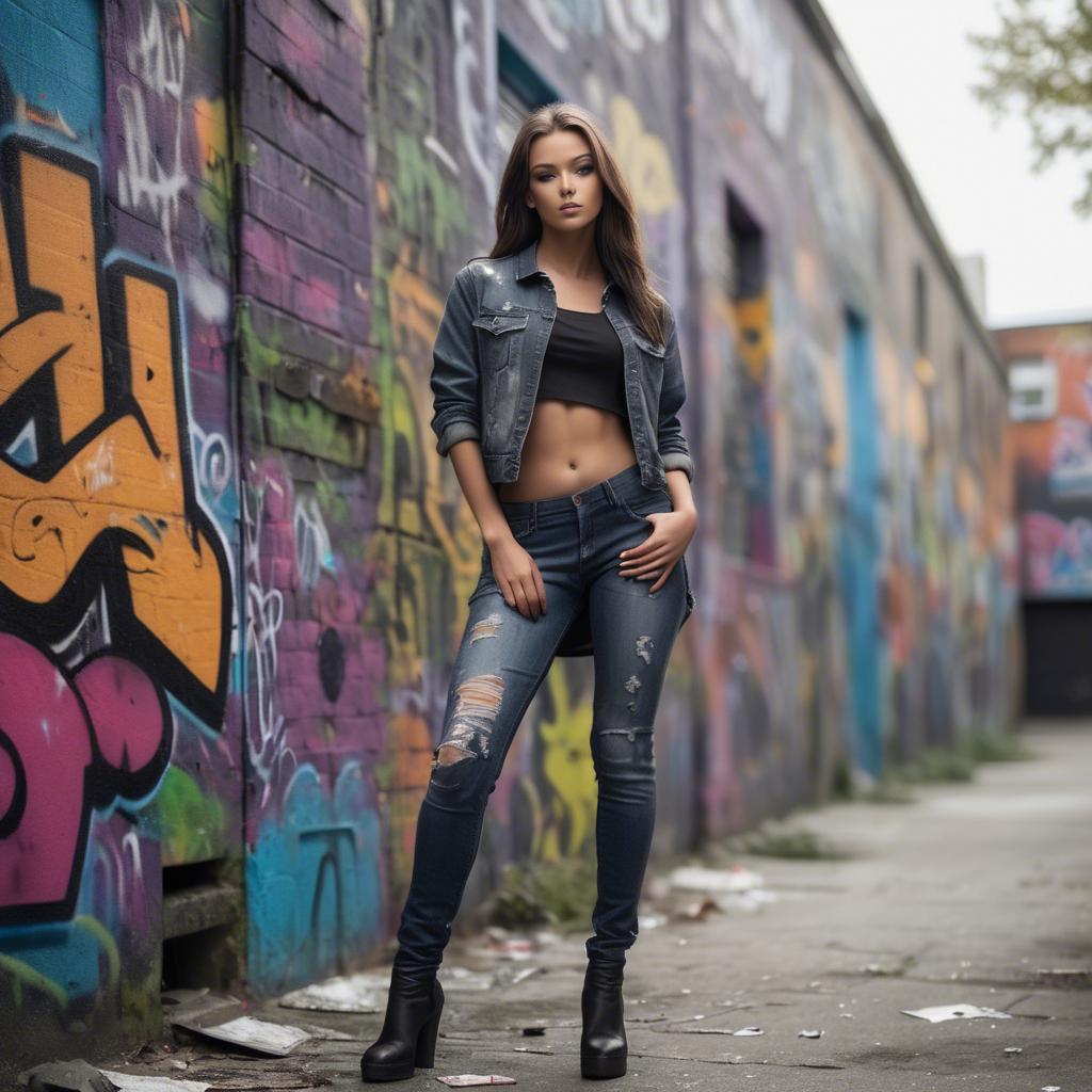 A stunning image of urban model posing on a graffiti-covered street.