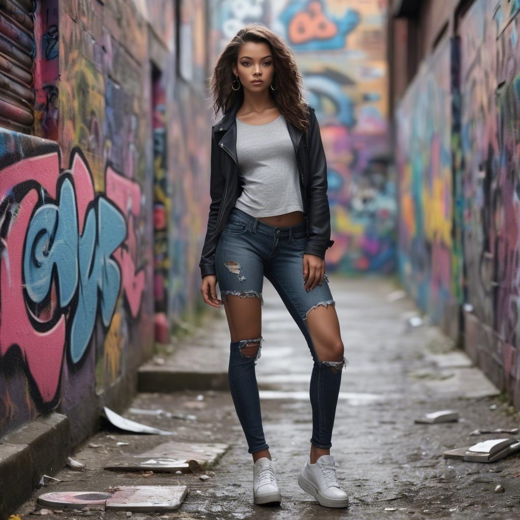 A stunning image of urban model posing on a graffiti-covered street.