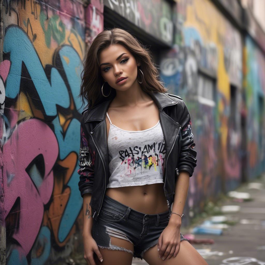 A stunning image of urban model posing on a graffiti-covered street.