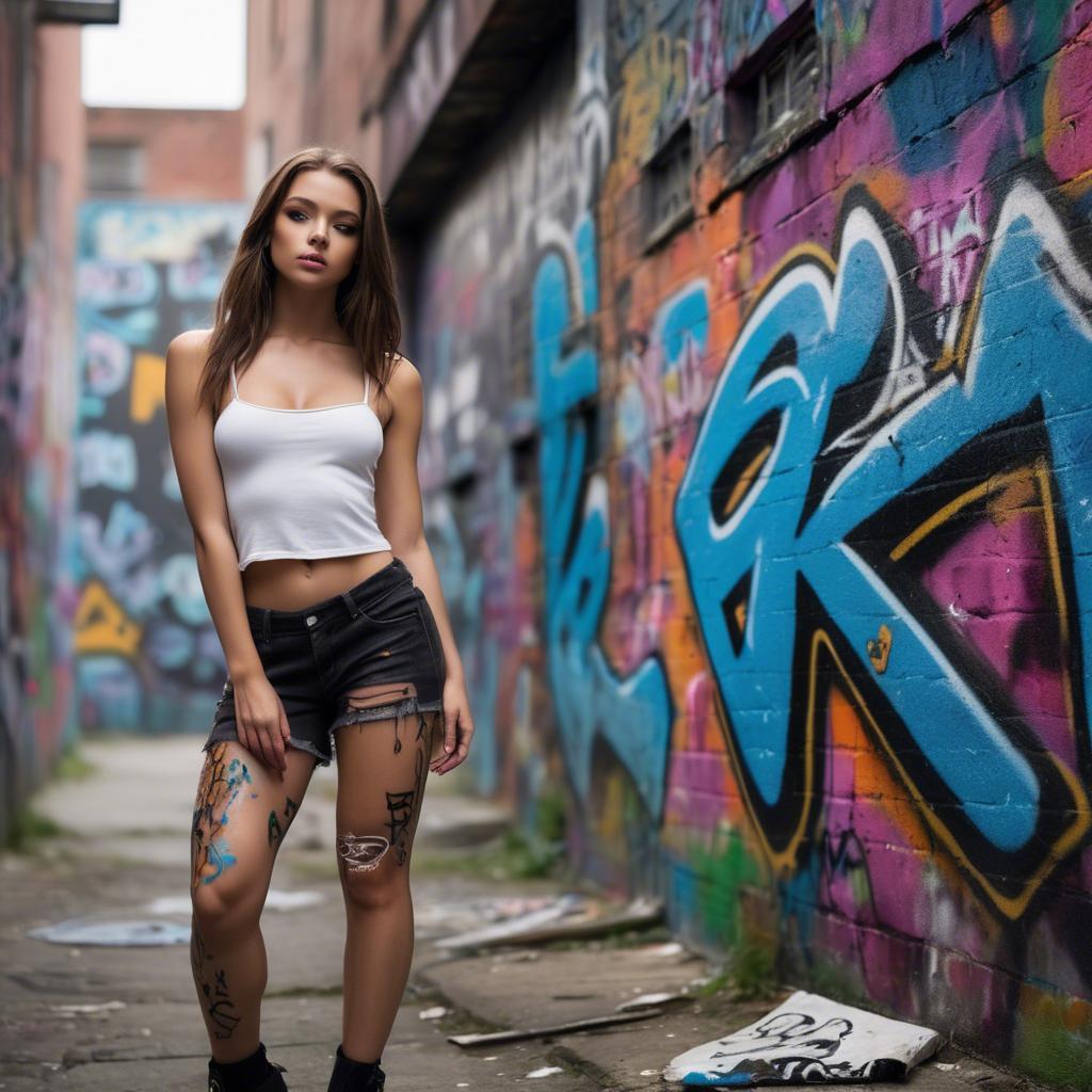 A stunning image of urban model posing on a graffiti-covered street.