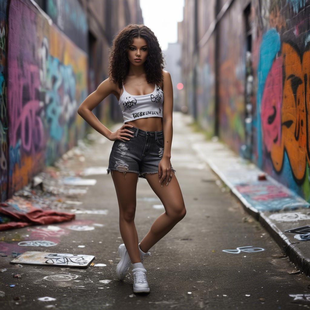 A stunning image of urban model posing on a graffiti-covered street.