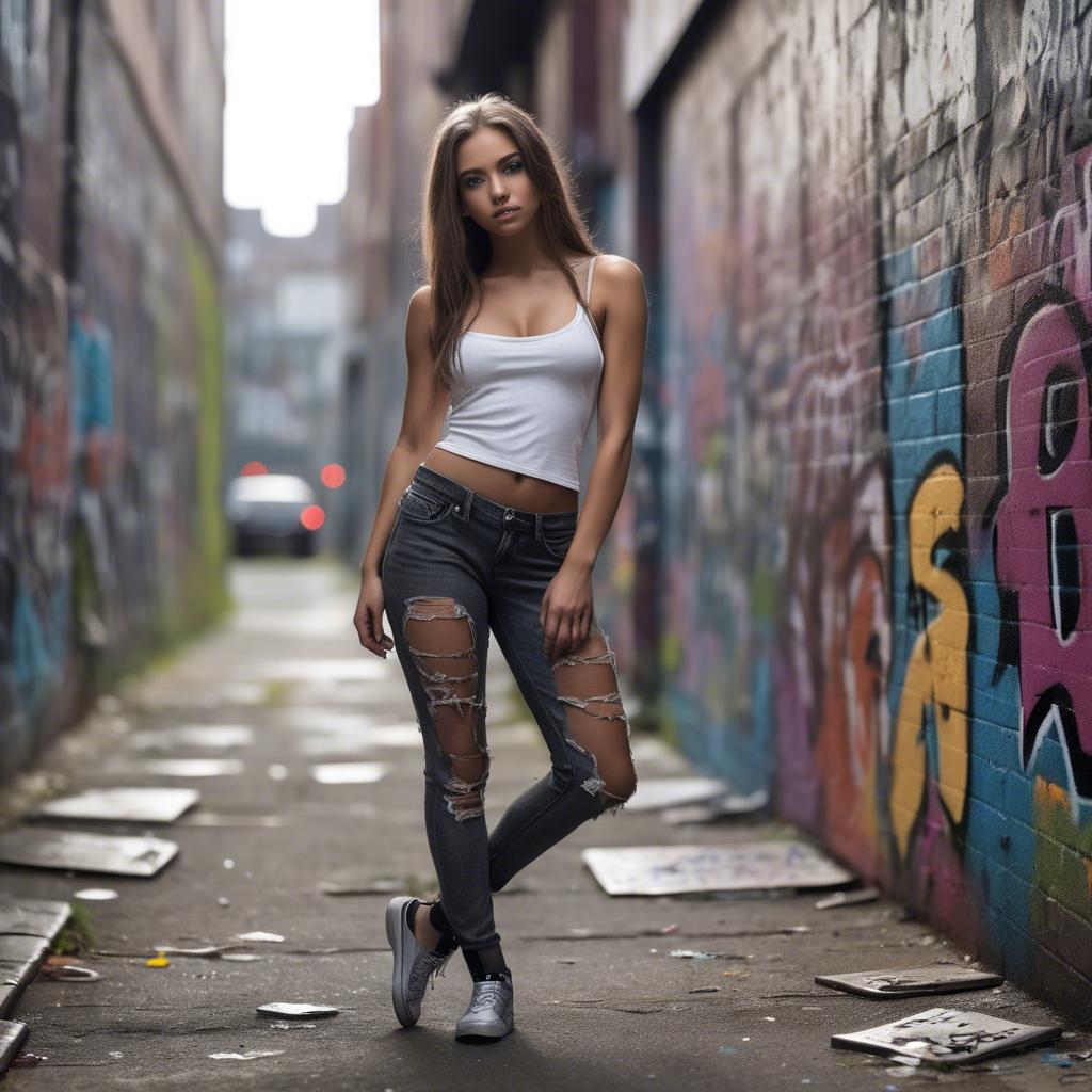 A stunning image of urban model posing on a graffiti-covered street.
