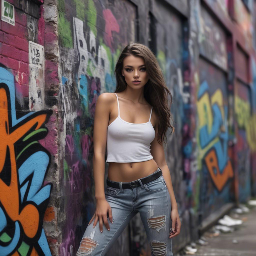 A stunning image of urban model posing on a graffiti-covered street.
