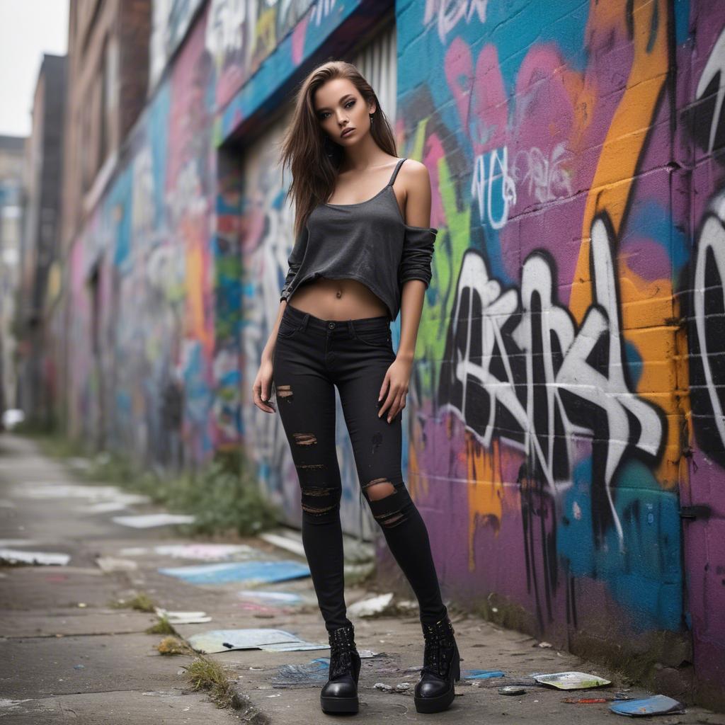 A stunning image of urban model posing on a graffiti-covered street.