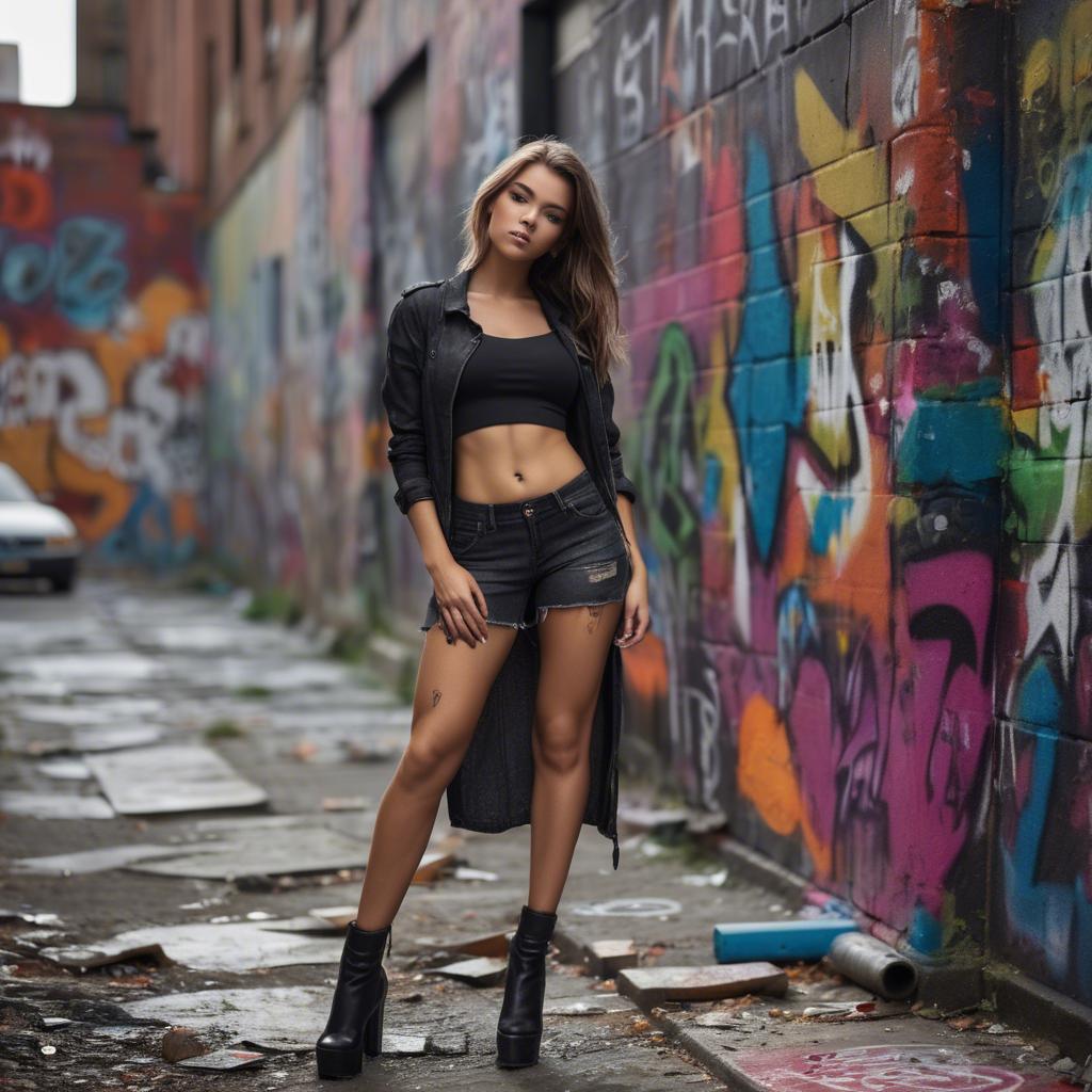 A stunning image of urban model posing on a graffiti-covered street.