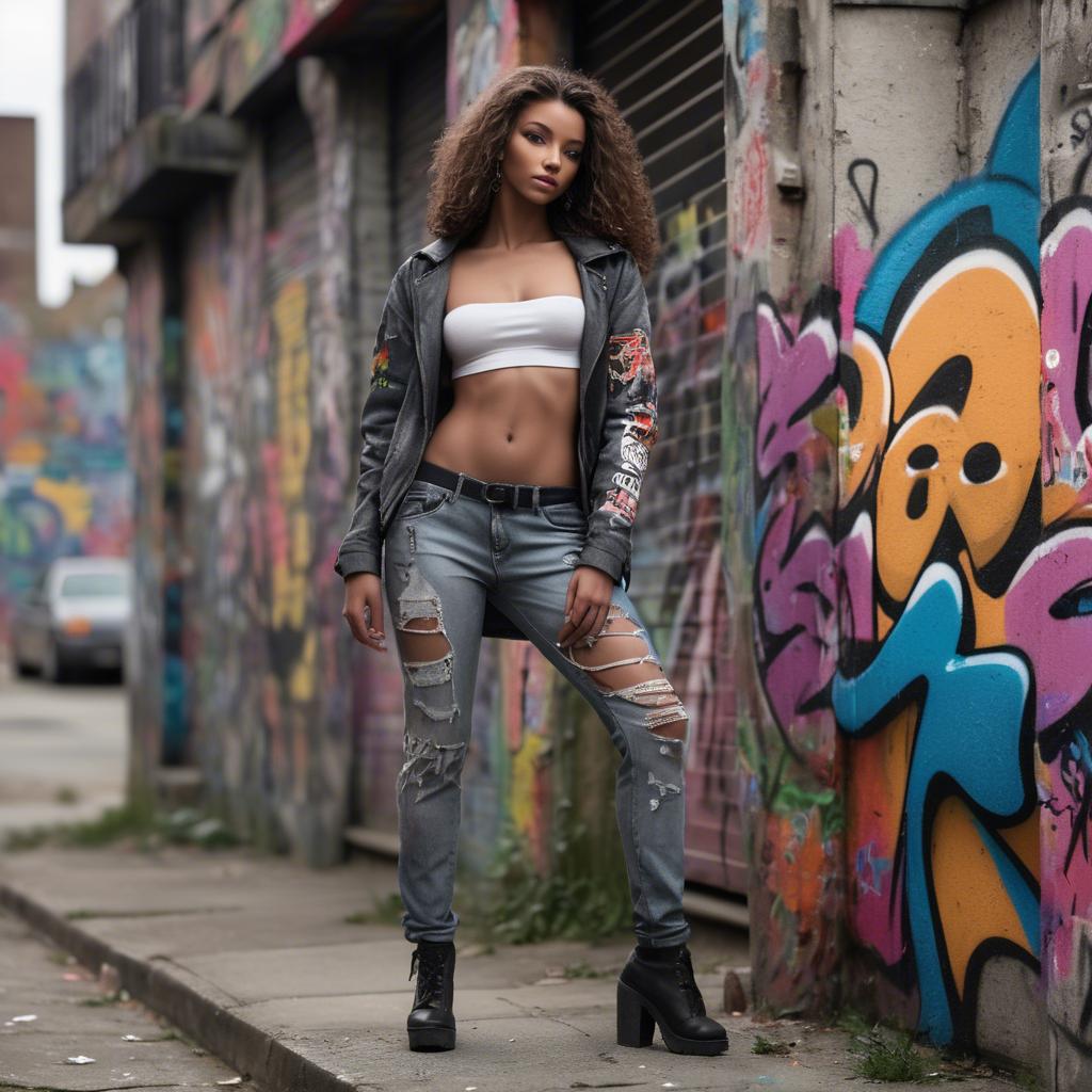 A stunning image of urban model posing on a graffiti-covered street.