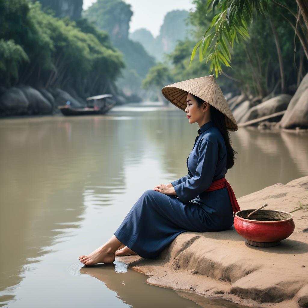 A stunning image of vietnamese woman on a serene riverbank.