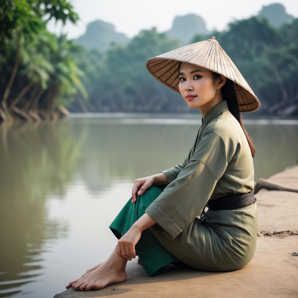 A stunning image of vietnamese woman on a serene riverbank.