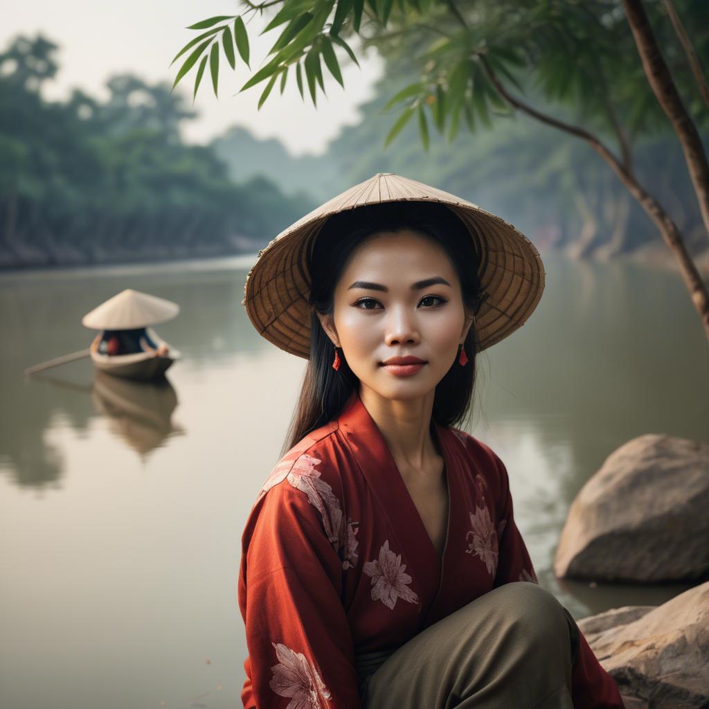 A stunning image of vietnamese woman on a serene riverbank.