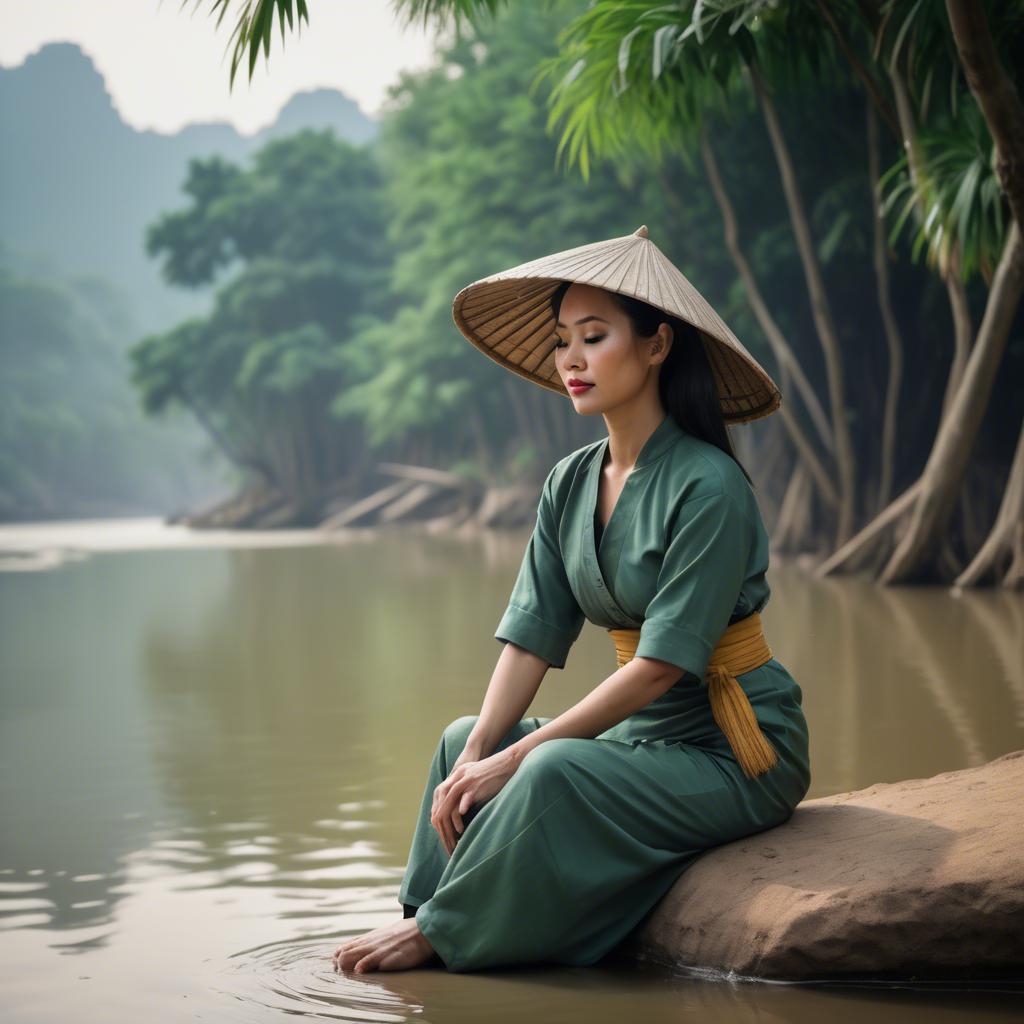 A stunning image of vietnamese woman on a serene riverbank.