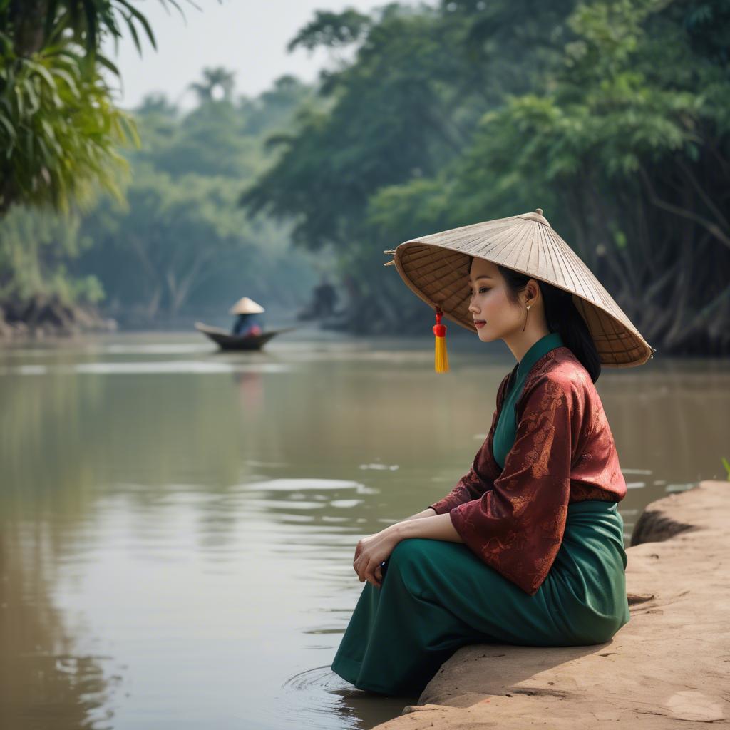 A stunning image of vietnamese woman on a serene riverbank.