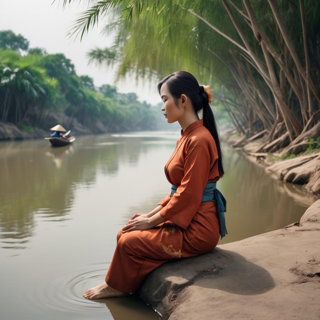 A stunning image of vietnamese woman on a serene riverbank.