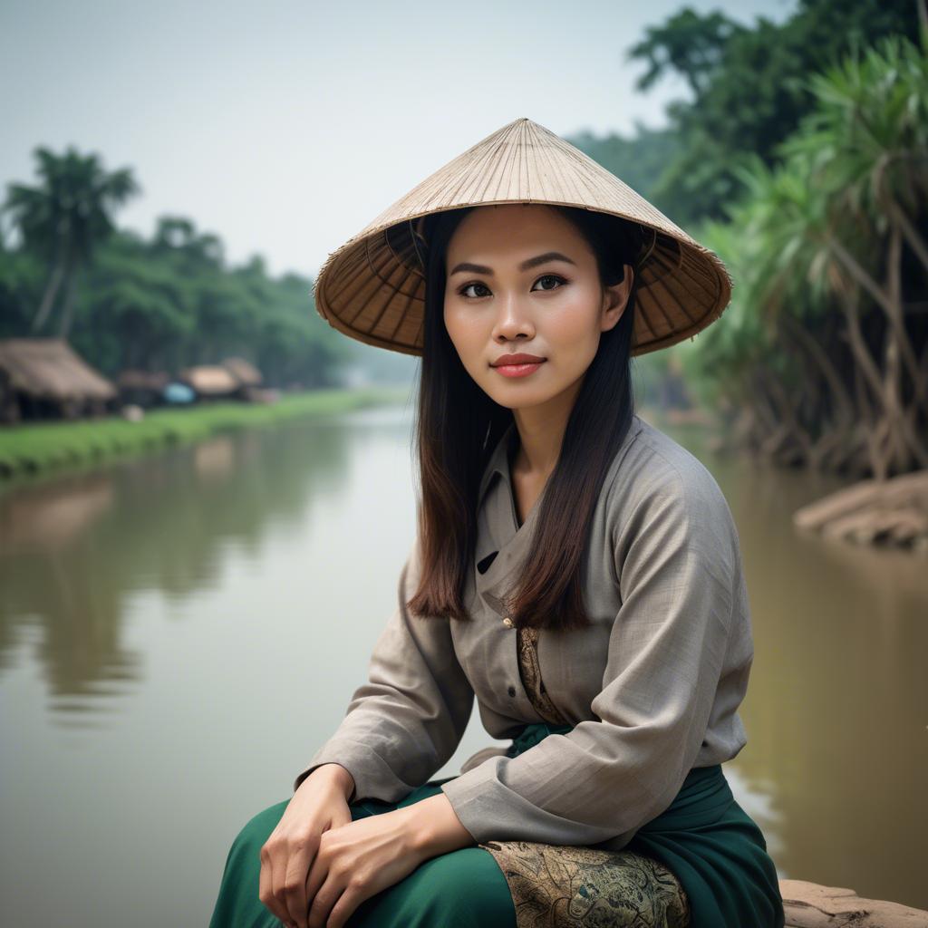 A stunning image of vietnamese woman on a serene riverbank.