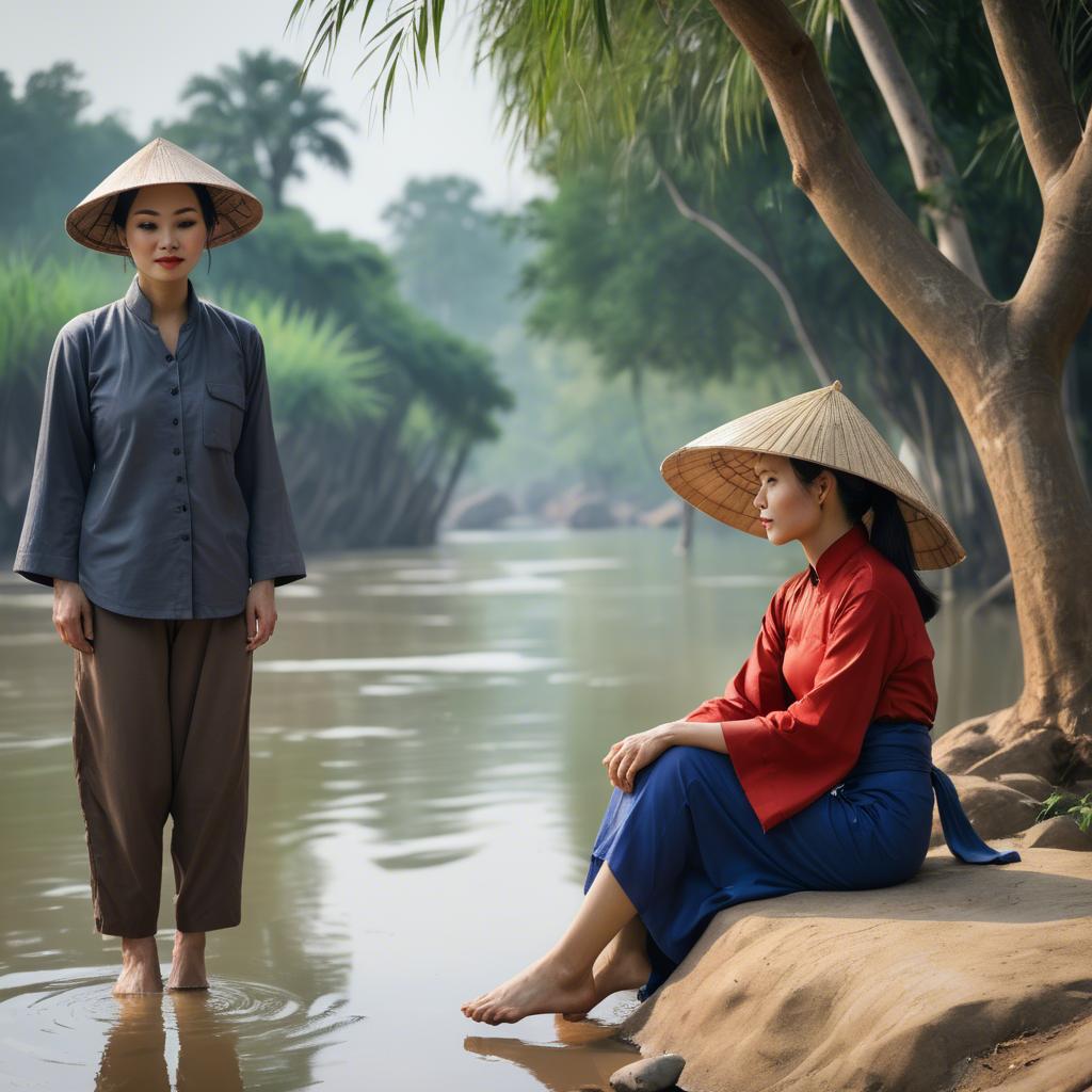 A stunning image of vietnamese woman on a serene riverbank.