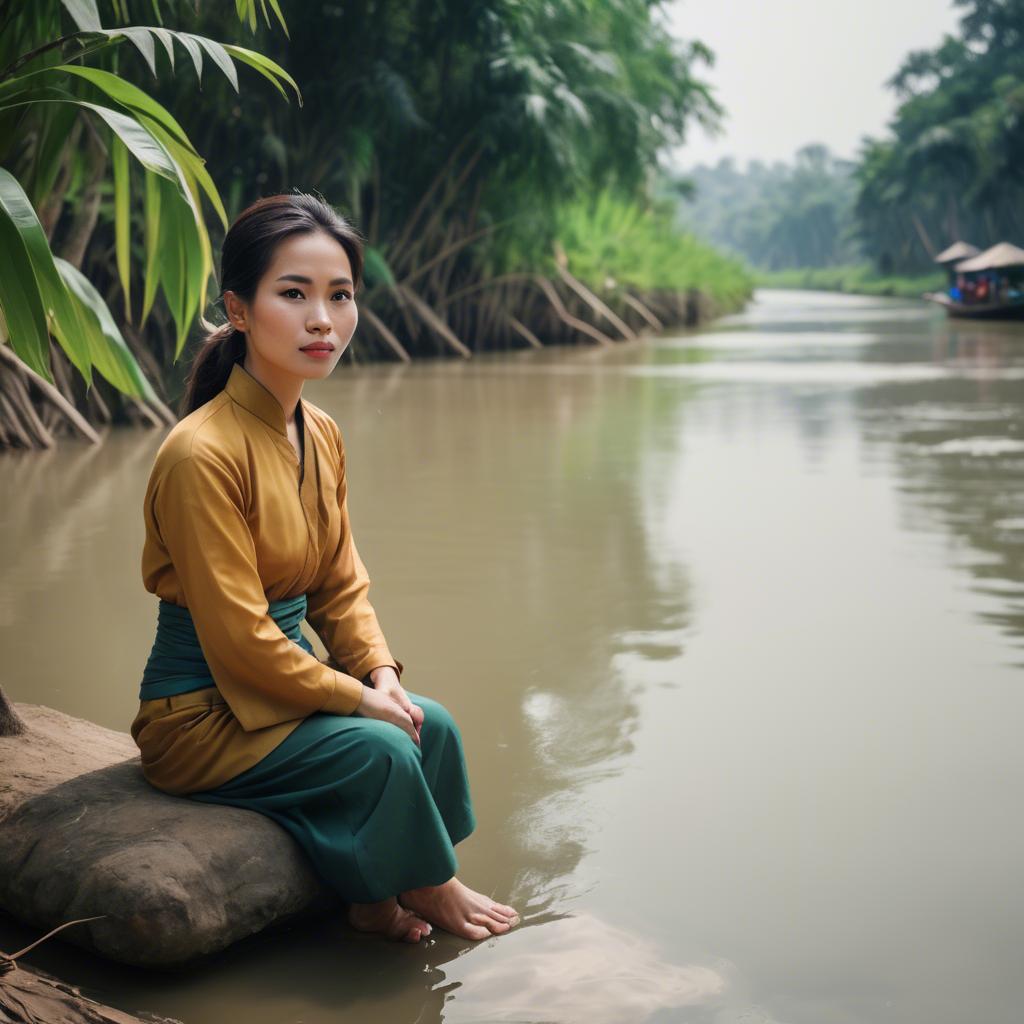 A stunning image of vietnamese woman on a serene riverbank.