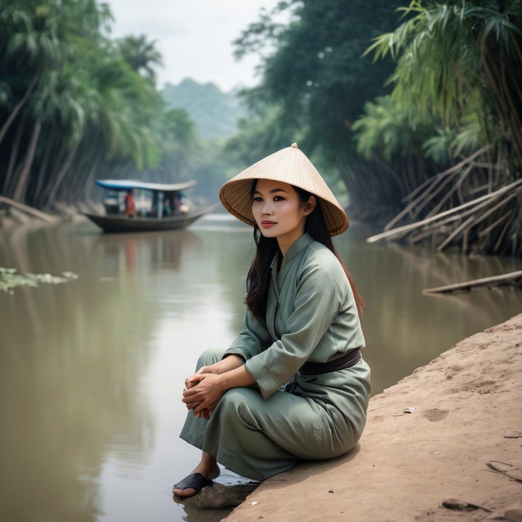 A stunning image of vietnamese woman on a serene riverbank.