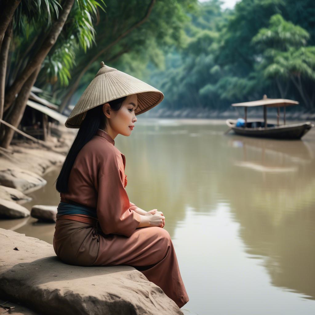 A stunning image of vietnamese woman on a serene riverbank.