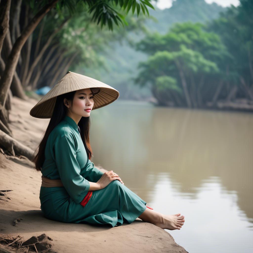 A stunning image of vietnamese woman on a serene riverbank.