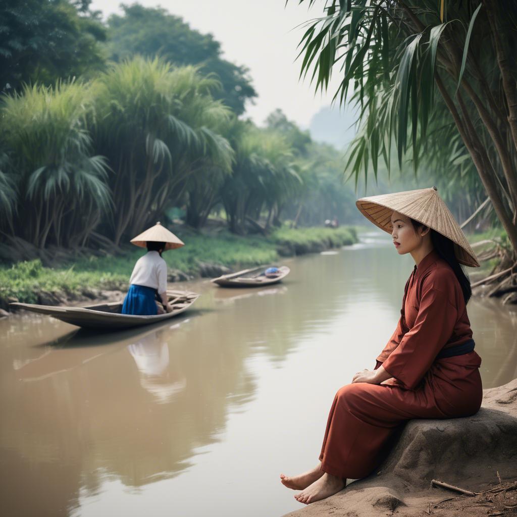 A stunning image of vietnamese woman on a serene riverbank.