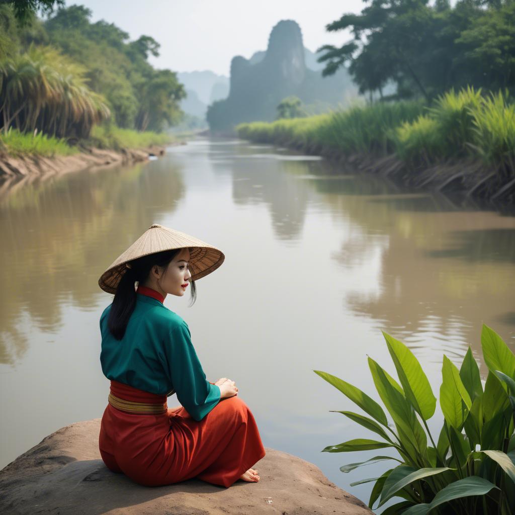 A stunning image of vietnamese woman on a serene riverbank.