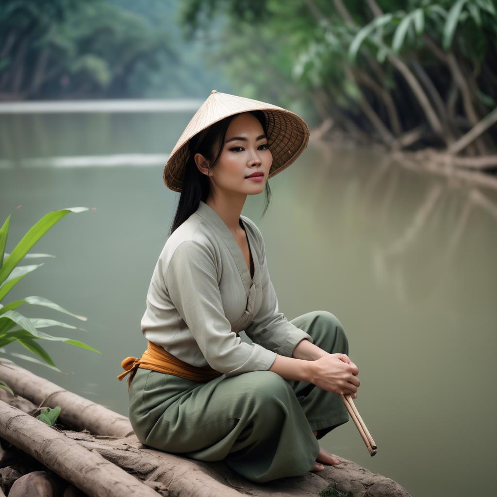 A stunning image of vietnamese woman on a serene riverbank.