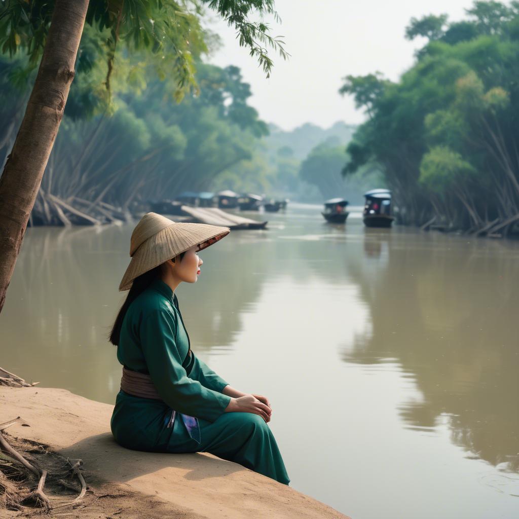 A stunning image of vietnamese woman on a serene riverbank.