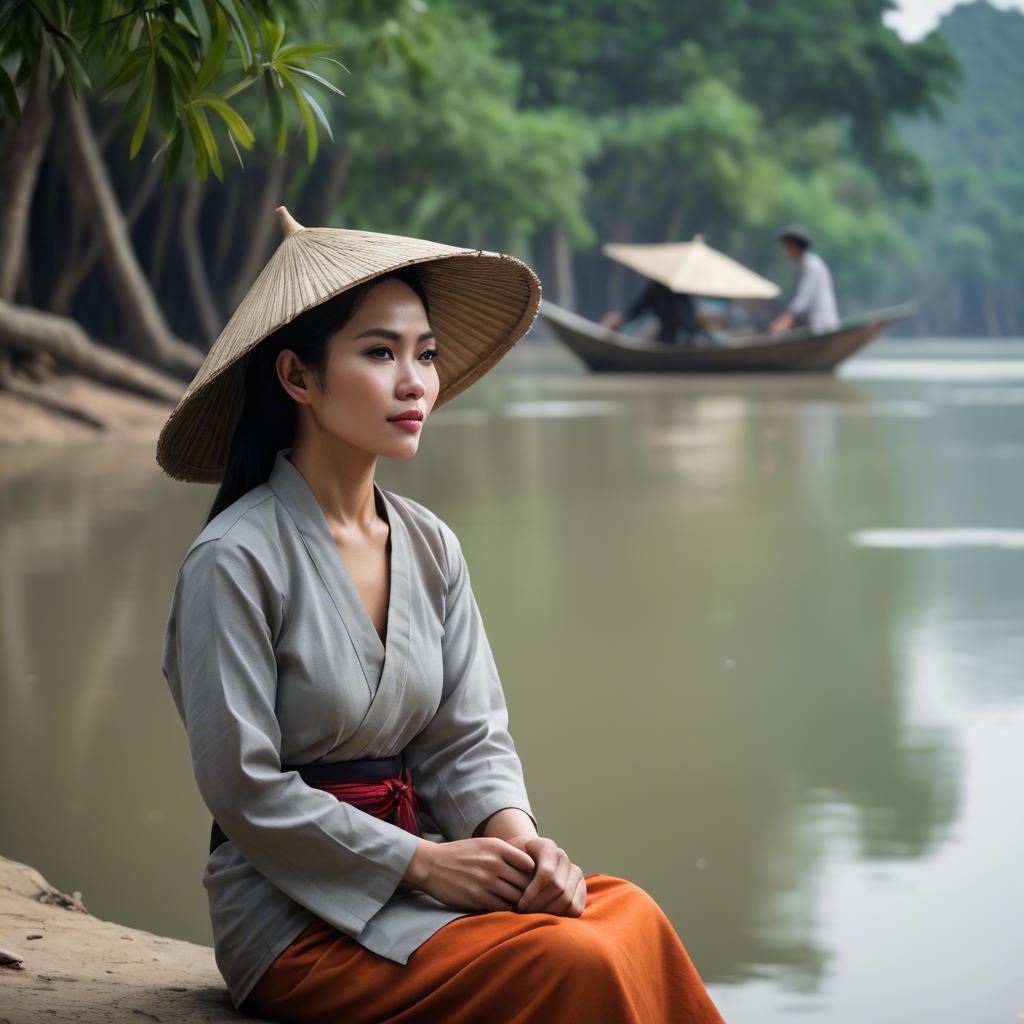 A stunning image of vietnamese woman on a serene riverbank.