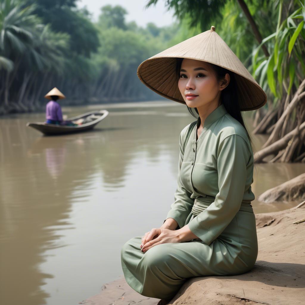 A stunning image of vietnamese woman on a serene riverbank.