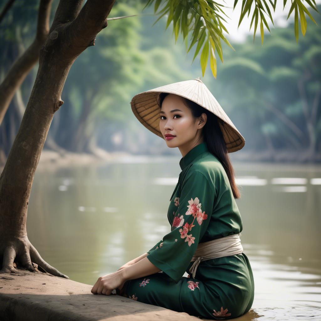 A stunning image of vietnamese woman on a serene riverbank.