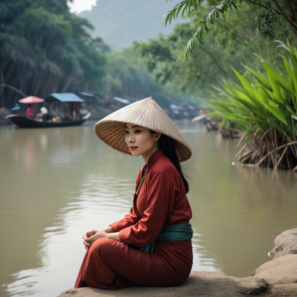 A stunning image of vietnamese woman on a serene riverbank.