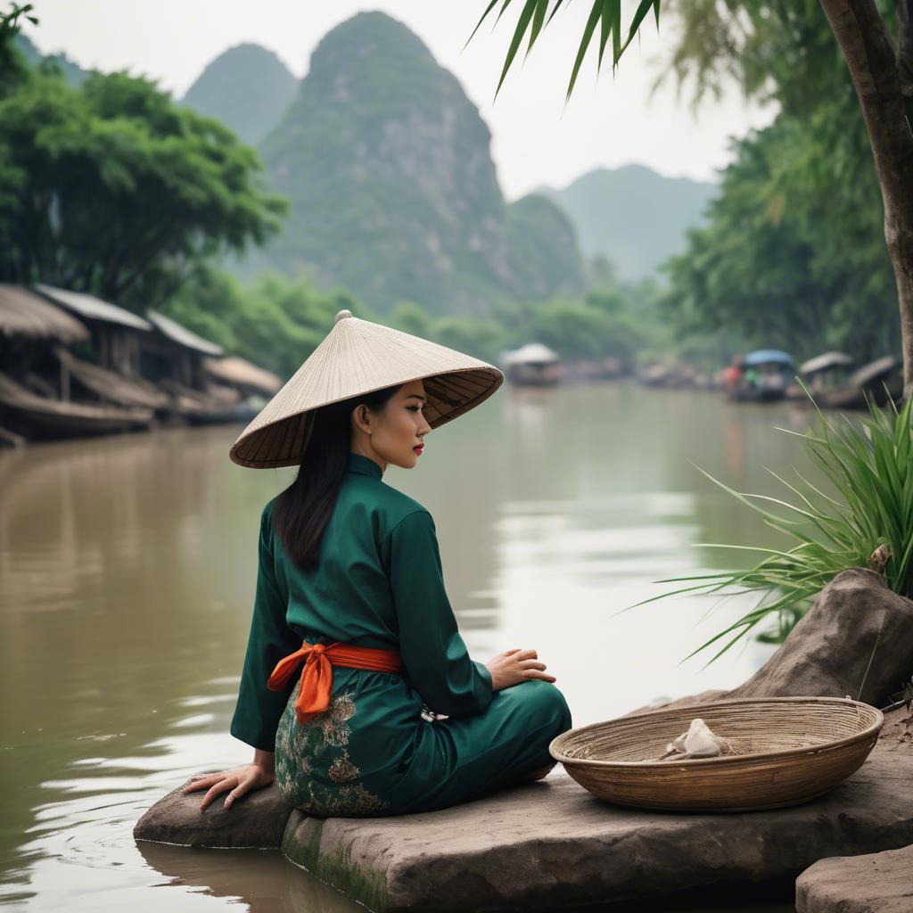 A stunning image of vietnamese woman on a serene riverbank.