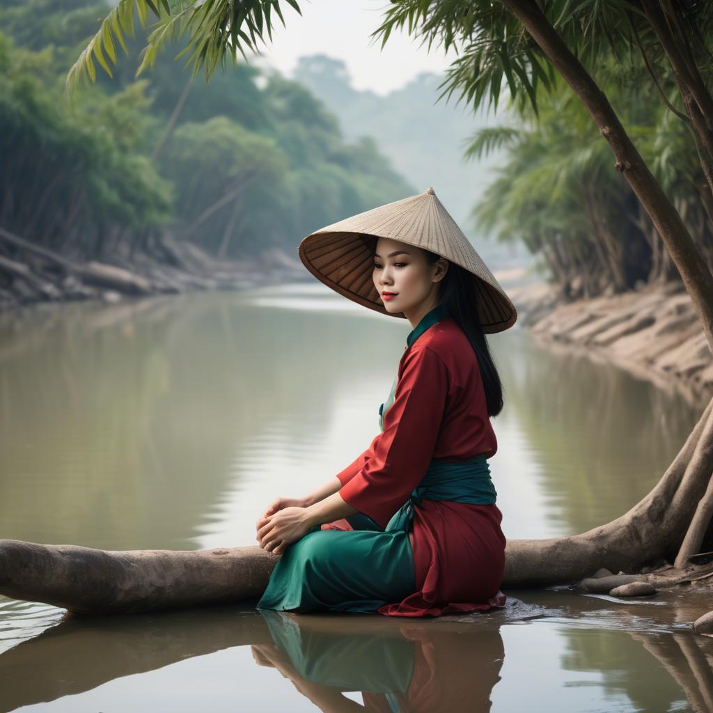 A stunning image of vietnamese woman on a serene riverbank.