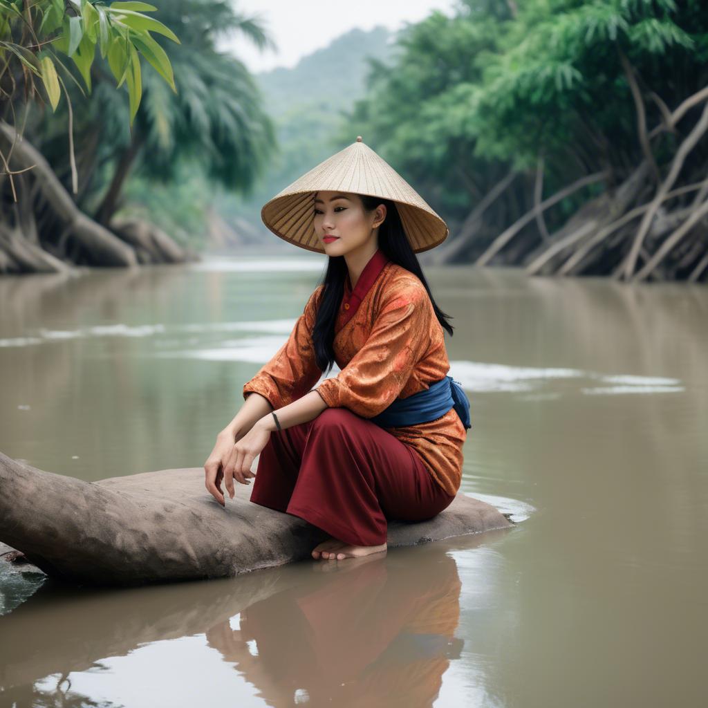 A stunning image of vietnamese woman on a serene riverbank.
