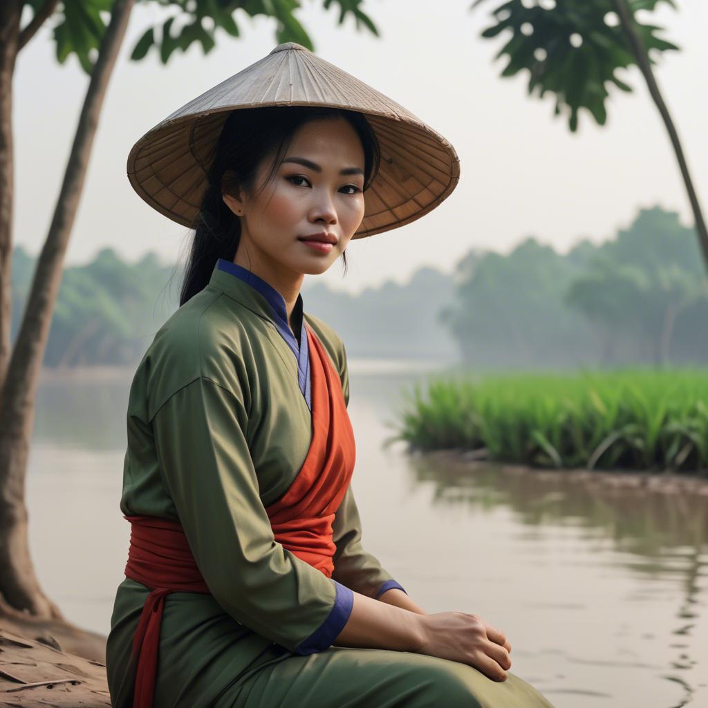 A stunning image of vietnamese woman on a serene riverbank.