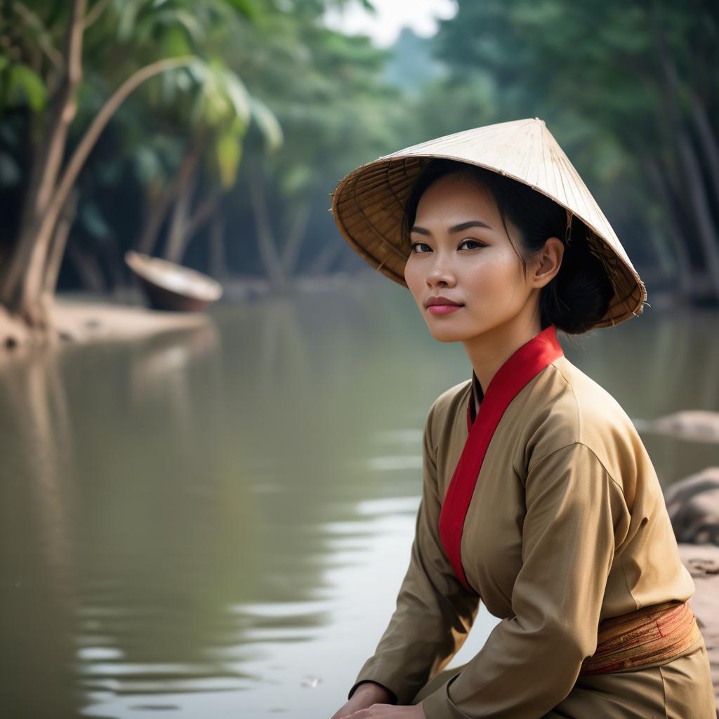 A stunning image of vietnamese woman on a serene riverbank.