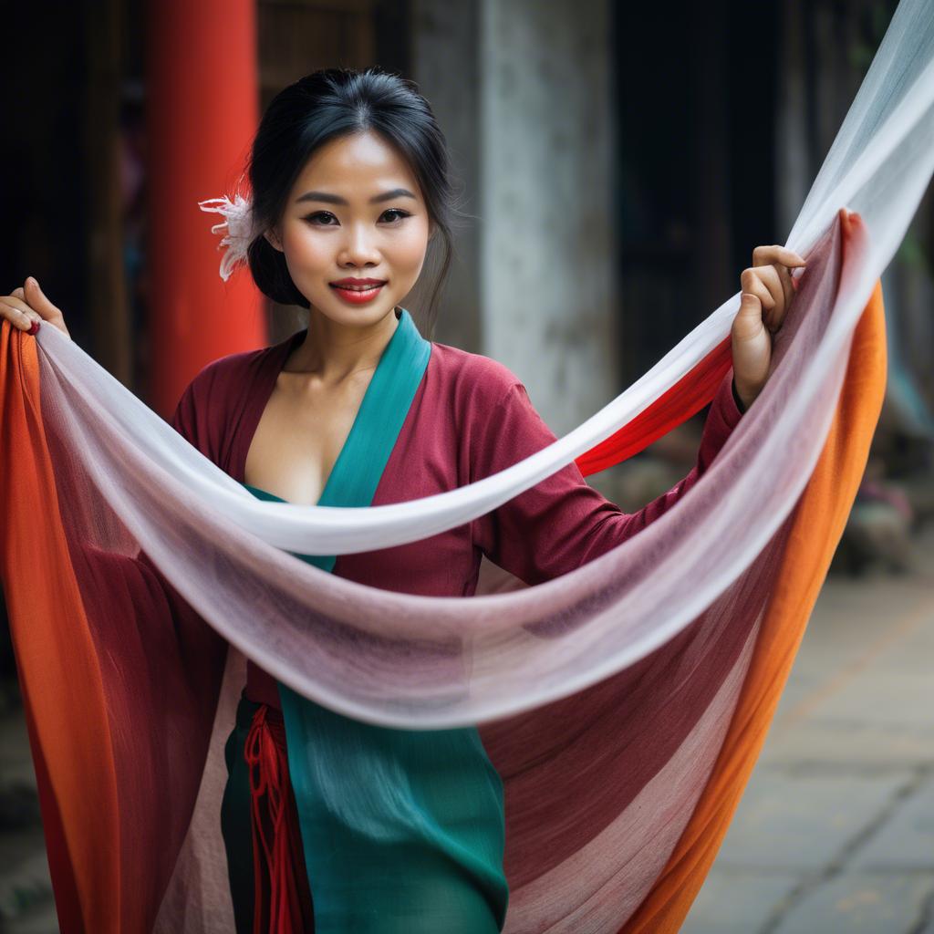 A stunning image of vietnamese woman with flowing fabrics.