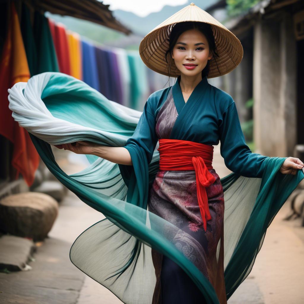 A stunning image of vietnamese woman with flowing fabrics.