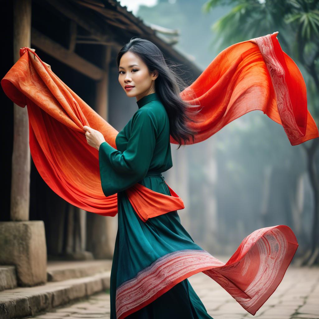 A stunning image of vietnamese woman with flowing fabrics.